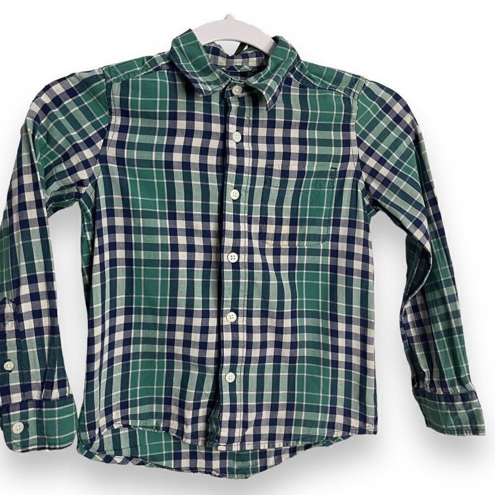 The Childrens Place Button Up Shirt Boy's 5/6 Green Plaid Casual Preppy Academia